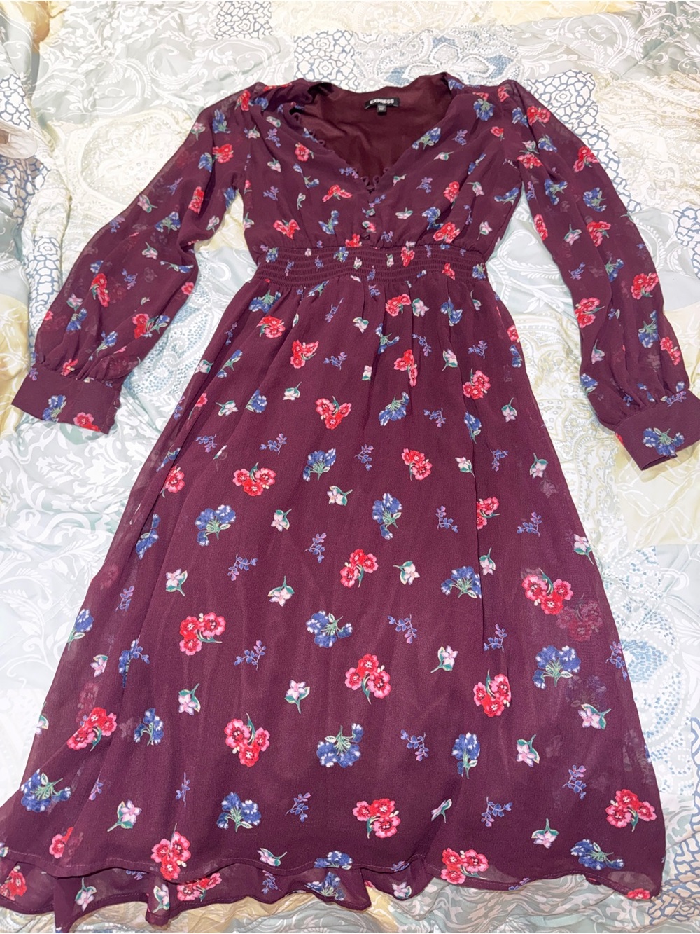 Express Burgundy Floral Long-Sleeve Midi Dress